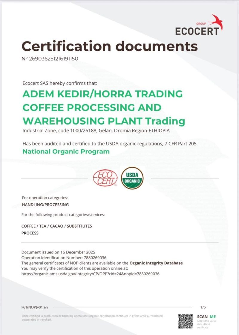 Horra Trading coffee processing facility recognized for excellence and organic certification