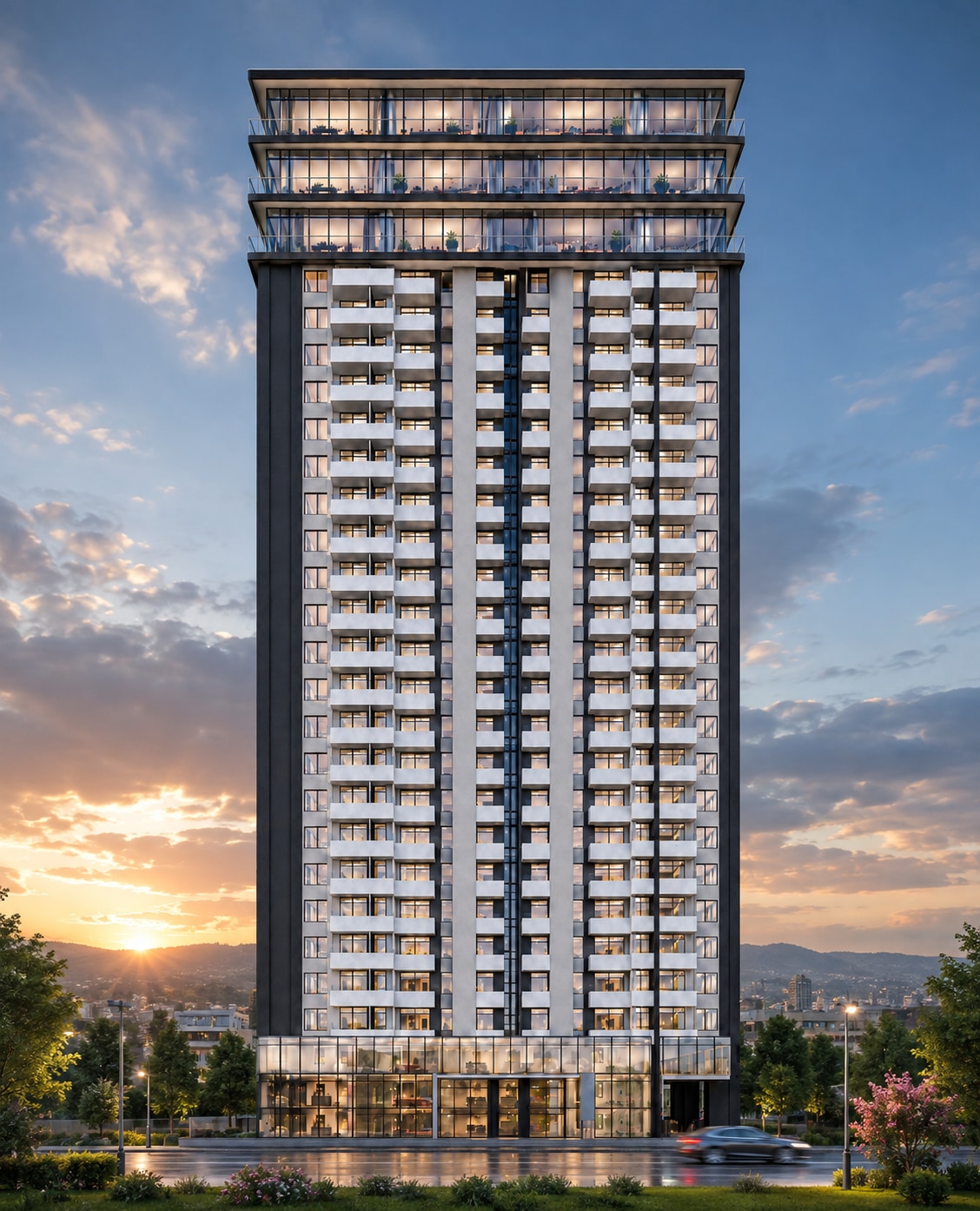 Horra Real Estate luxury residential tower at sunset